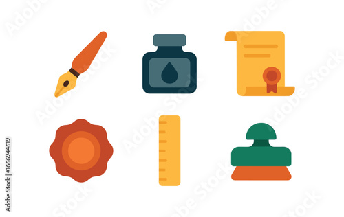 vector colorful filled icons ink bottle (calligraphy set): dip pen ink pot parchment wax seal ruler blotting paper.