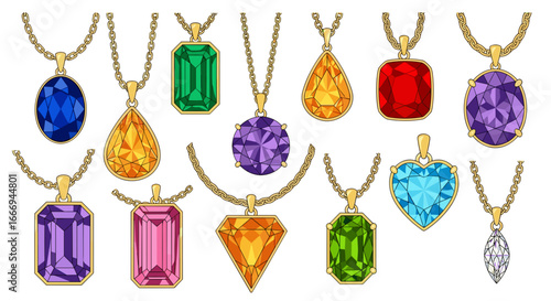 Collection of gemstone pendants on gold chains displaying various shapes and vibrant jewel tones design