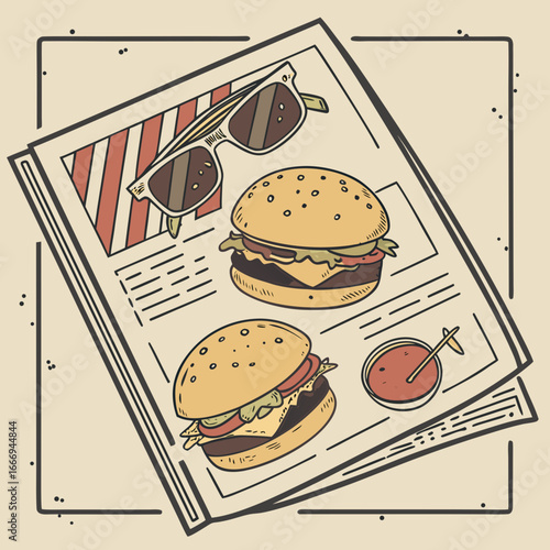 Two burgers with cheese and vegetables, served with sunglasses and ketchup, on a vintage newspaper background for a retro vibe