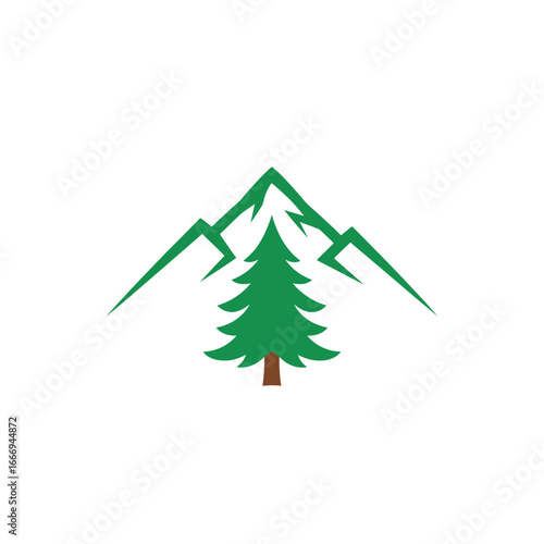Green mountain and evergreen tree logo. Nature design.