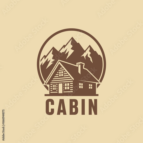 Rustic cabin logo with mountain backdrop. Ideal for tourism or outdoor businesses.