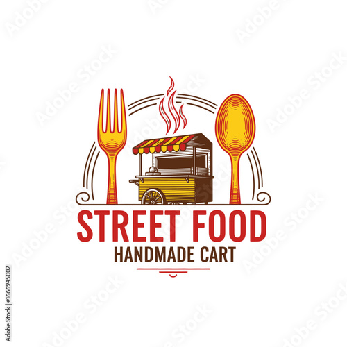 A logo design for a street food cart, featuring a vintage style illustration of a food cart, fork, and spoon.
