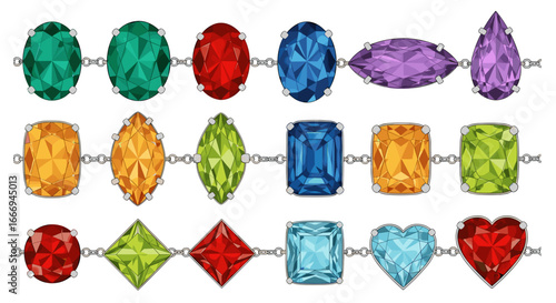 Illustration of a bracelet adorned with a variety of colorful gemstones in different shapes and cuts