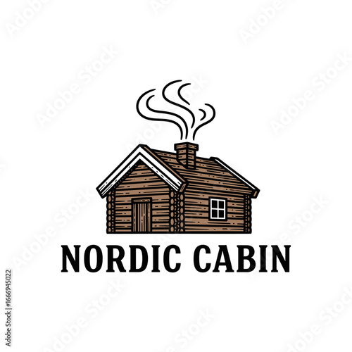 Charming illustration of a cozy Nordic cabin, perfect for winter getaways.