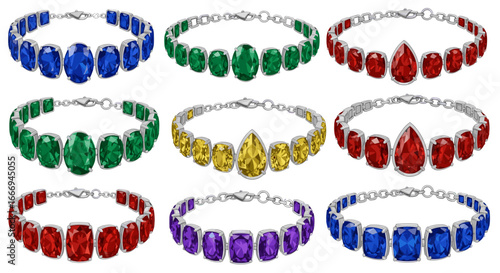 A collection of nine gemstone bracelets in various colors and designs on a white background display