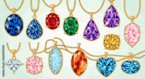 Collection of pendants with colorful gemstones and golden chains displayed on a light background