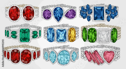 Collection of nine gemstone bracelets with various shapes and colors on a white background showcase