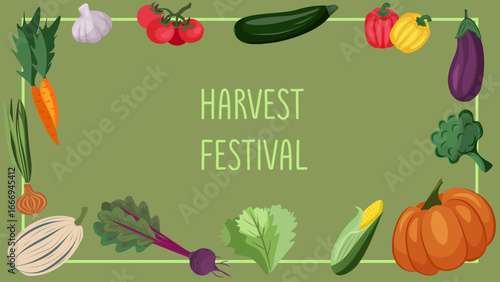 Farmers market banner for harvest festival. Cozy fall illustration with various vegetables.