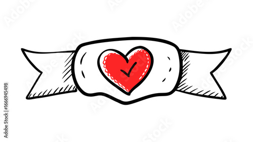 Hand drawn heart badge with ribbon for valentines day or wedding design, a sweet and romantic symbol of love