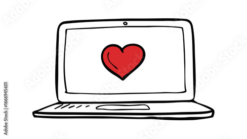 Laptop with a red heart on the screen, symbolizing online love and connection