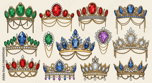 A collection of ornate crowns adorned with colorful jewels and delicate golden chain accents displayed together