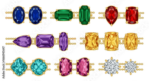 Collection of colorful gemstones in various shapes set in gold linked chain settings displayed together