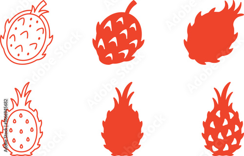Set of stylish red dragon fruit illustrations in outline and solid silhouette styles.