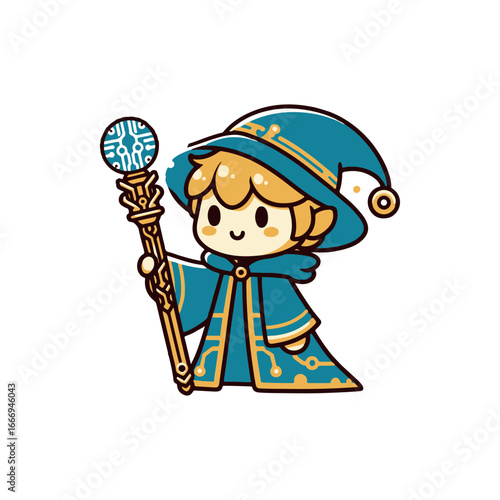 Cute cartoon character in a blue robe and hat holding a magical staff with a glowing orb