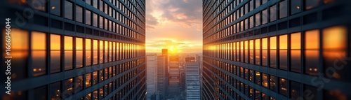 Stunning Sunset Reflected in Glass Skyscrapers View from Urban Office Building
