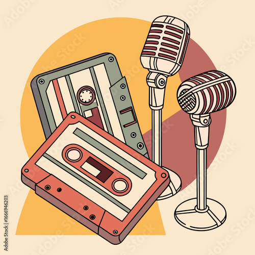 Illustration of retro cassette tapes and microphones on stands, evoking the nostalgia of vintage music culture and recording studios