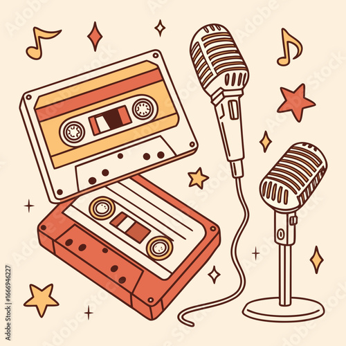 Retro music illustration featuring cassette tapes and microphones with a vintage aesthetic, perfect for music lovers and nostalgia themes