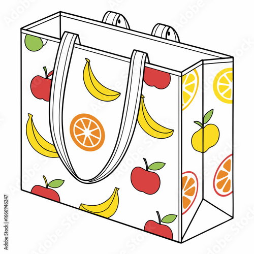 Reusable shopping bag with fruits pattern, perfect for grocery shopping and promoting healthy eating habits