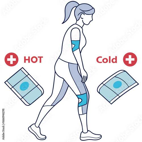 Illustration of a woman using hot and cold packs for knee and leg pain relief