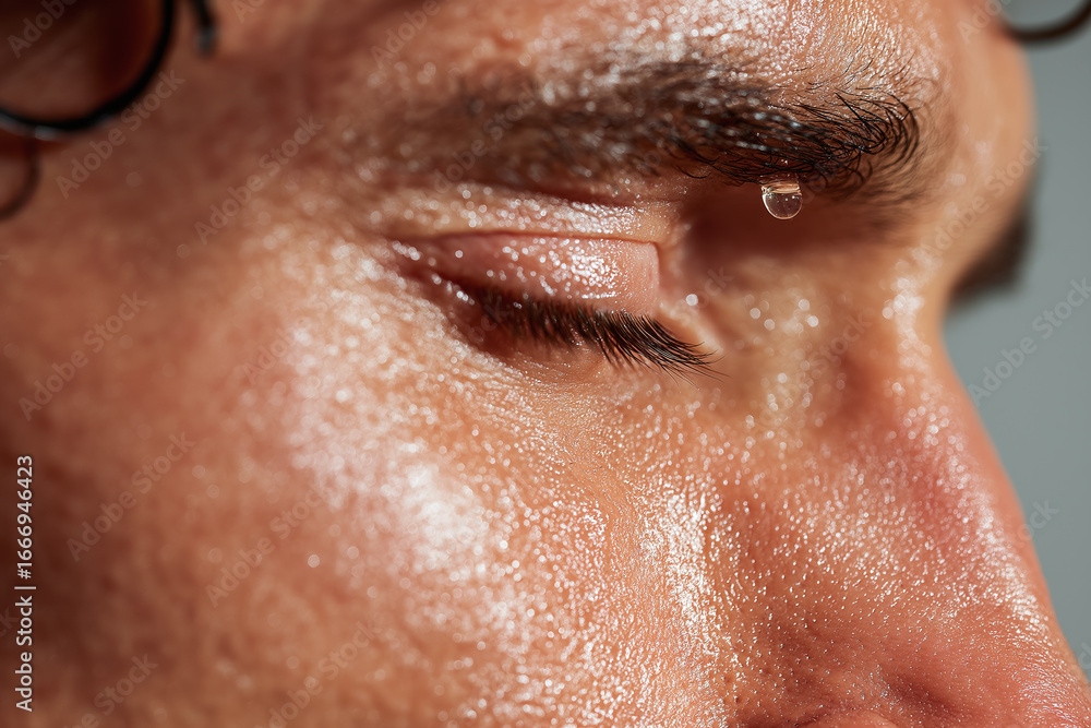 Fototapeta premium Close up of man sweaty face with closed eyes and drop of sweat hanging from eyebrow, showing skin texture and moisture in high resolution studio shot