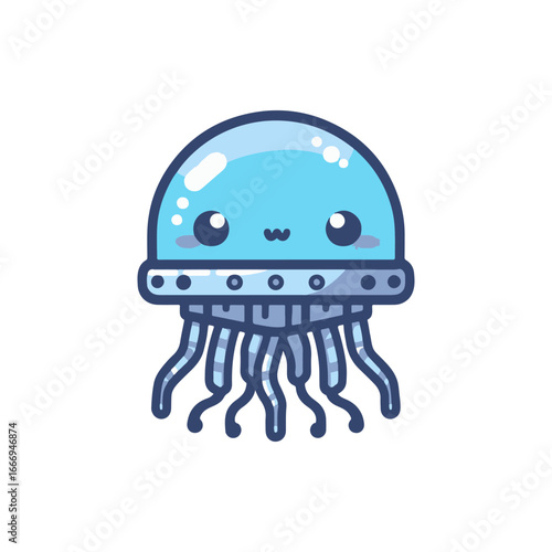 Cute cartoon jellyfish with a smiling face, floating in a simplistic underwater scene