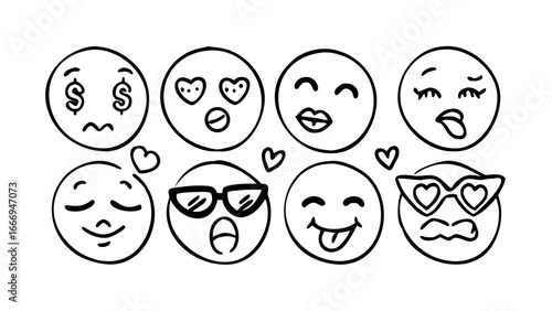 Collection of handdrawn emoji faces with various expressions
