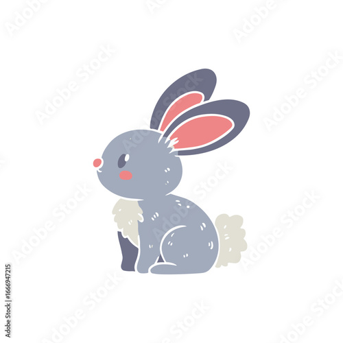 Cute cartoon rabbit sitting sideways with fluffy tail and colorful ears against a white background