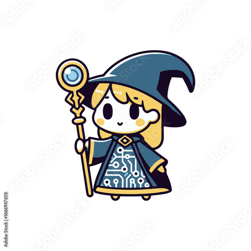 Cute cartoon wizard holding a staff with a glowing orb, set against a simple white background