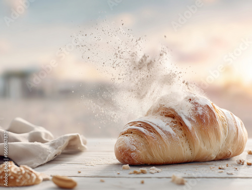 Freshly Baked Loaf with Warm Light and Flour