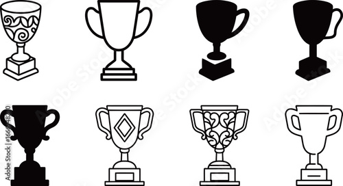 Set of simple trophy and prize icons in outline and solid black silhouette styles.