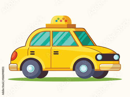 Flat Yellow Taxi Cab Cartoon Style Drawing