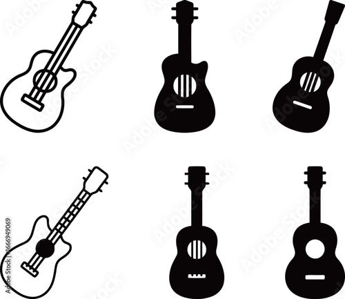 Set of simple guitar icons in outline and solid black silhouette styles.