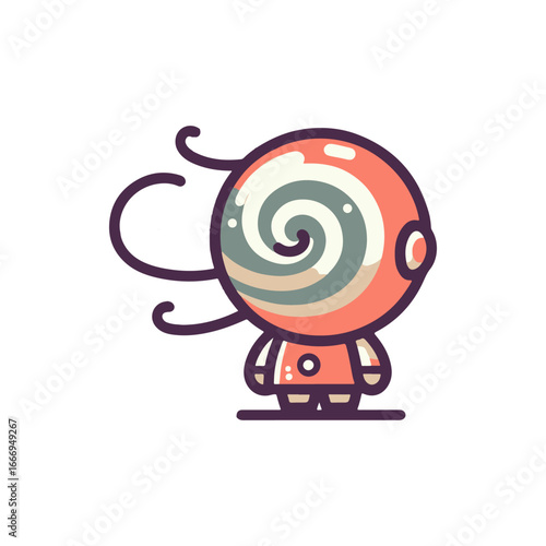 Whimsical cartoon character with a spiral head, standing on a plain background, exuding charm