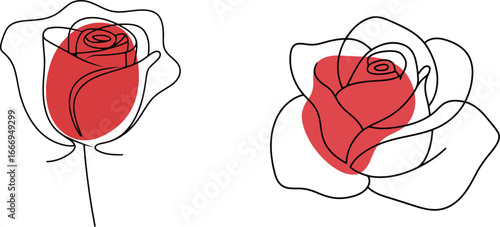 Two elegant rose flower illustrations in continuous line art with a red circle.