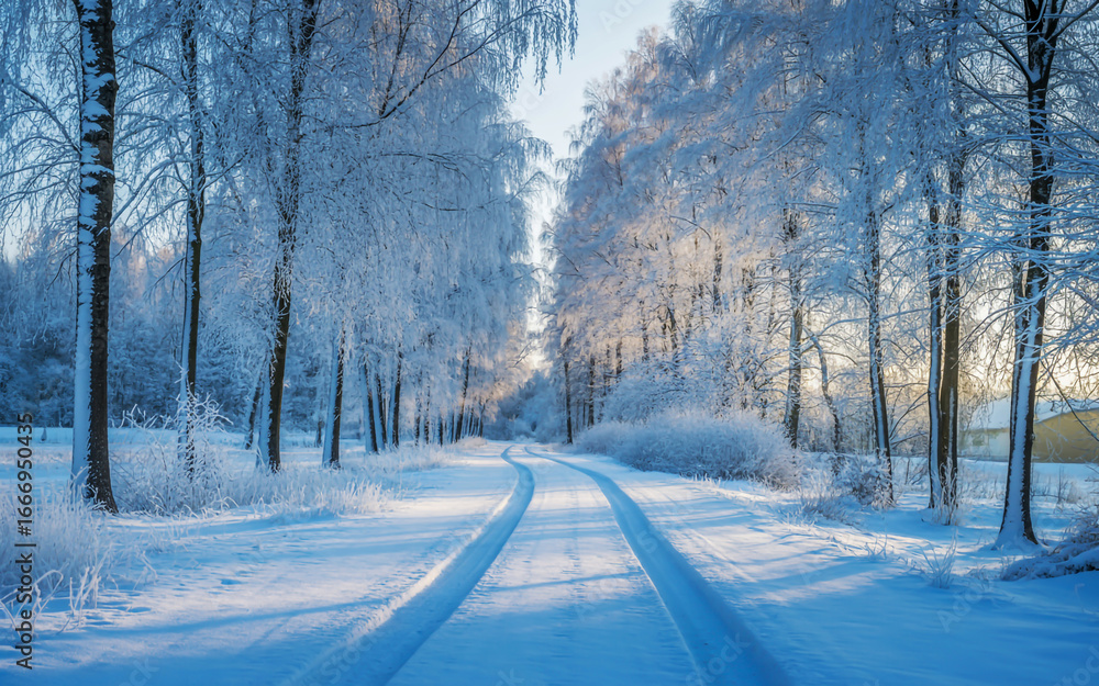 Obraz premium Serene winter pathway lined with frosted trees bathed in soft golden sunlight