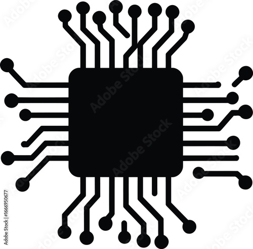 Black silhouette of a microprocessor with many pins