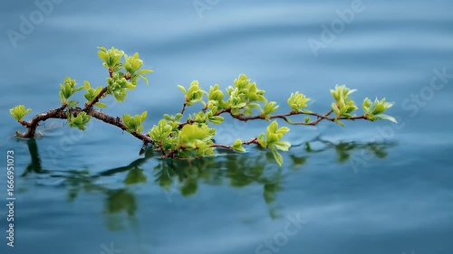 Delicate branch with new spring leaves resting on rippled water surface