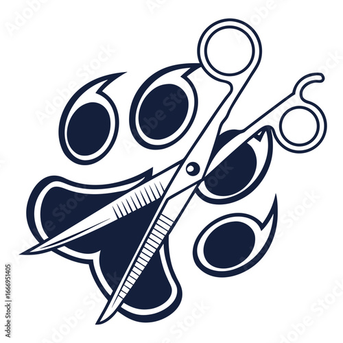 Pet Grooming Logo Concept with Paw Print and Scissors Illustration