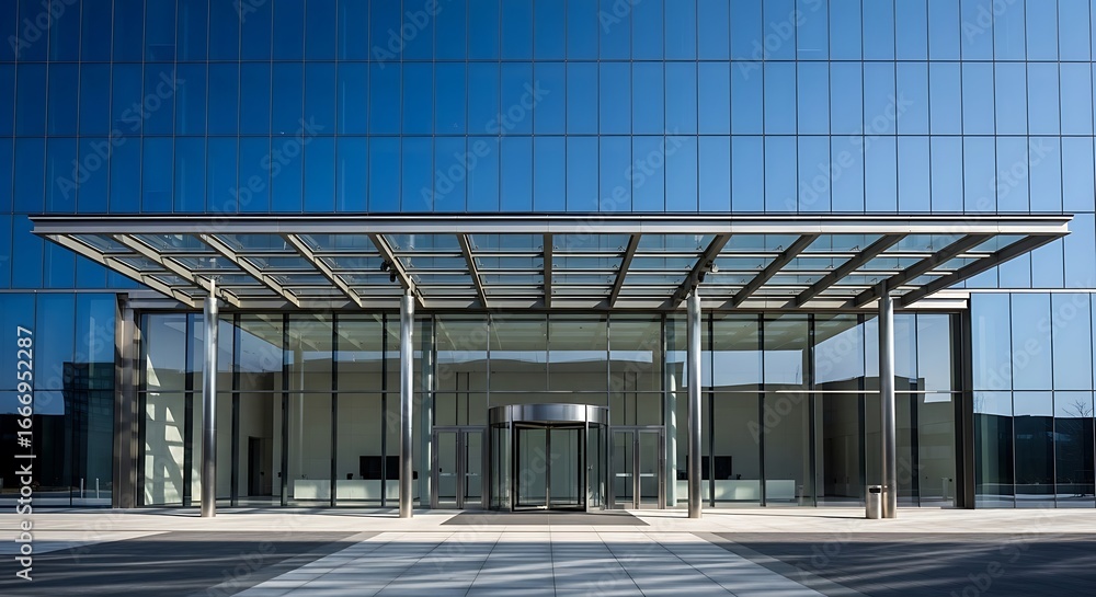Obraz premium Modern glass office building entrance with a large canopy and revolving door under a clear blue sky, showcasing contemporary architecture.