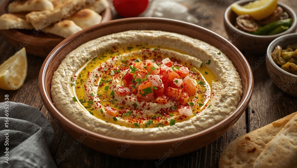 Obraz premium Creamy Hummus Beiruti with pita bread, lemon wedges, and vegetables