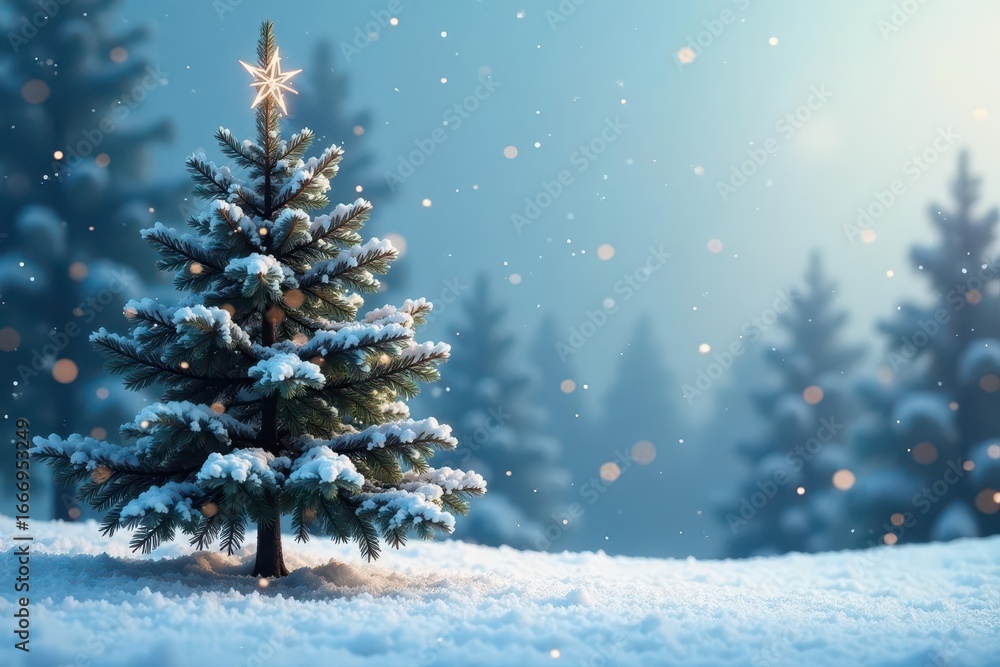 Fototapeta premium Flaky snowfall surrounds a bare Christmas tree, winter, wintry, snowflakes