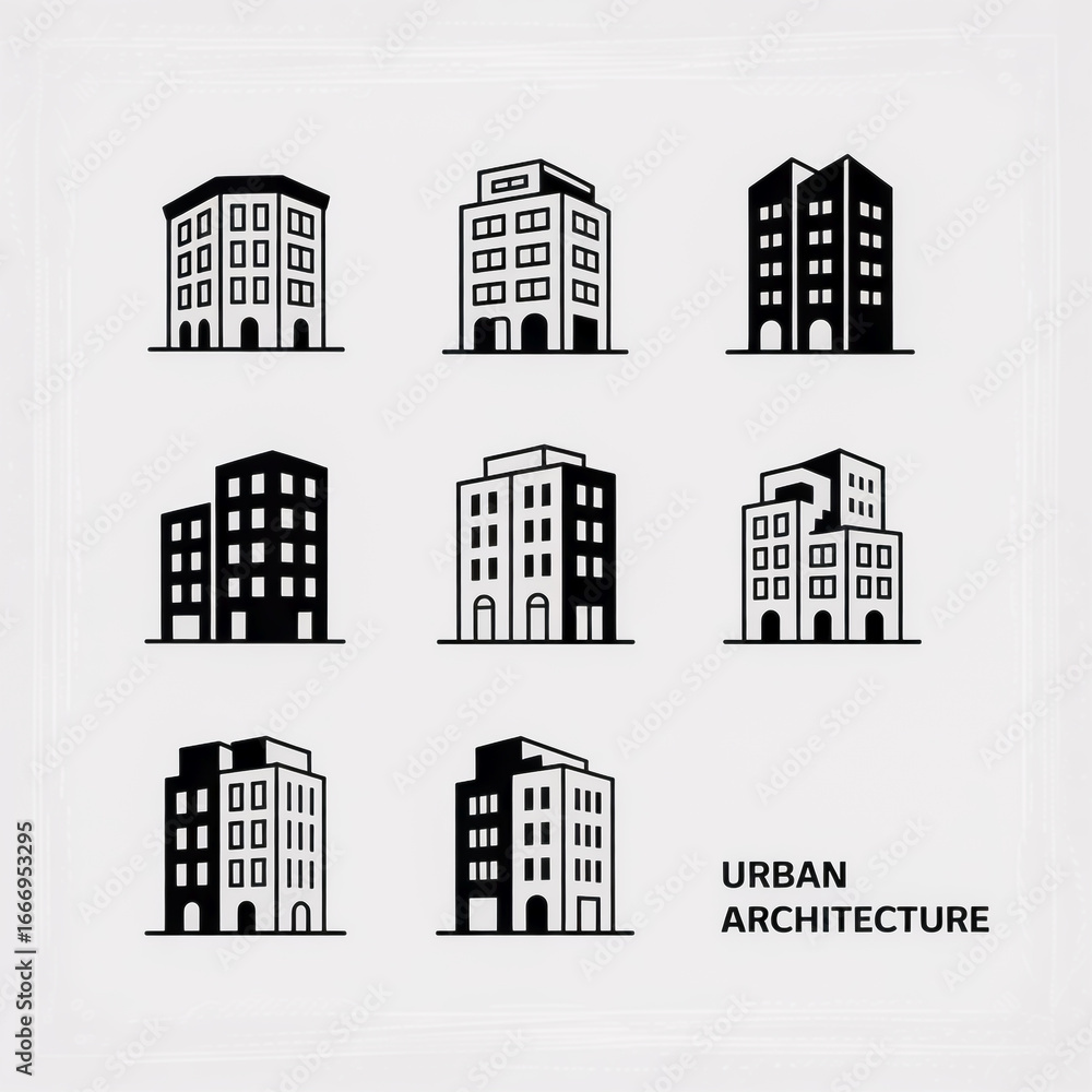 Modern building icons collection for urban design projects and architectural concepts Modern building icons collection for urban design projects and architectural concepts