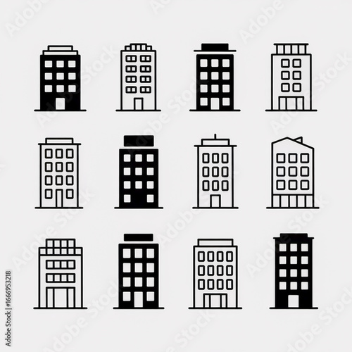 Collection of modern building icons representing urban architecture and business spaces