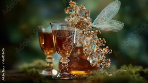 Ornate Wings Over Golden Drink