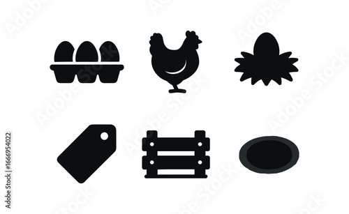 vector solid black filled icons farmer stall (farm eggs): egg carton chicken silhouette straw nest price tag crate edge shadow smear.