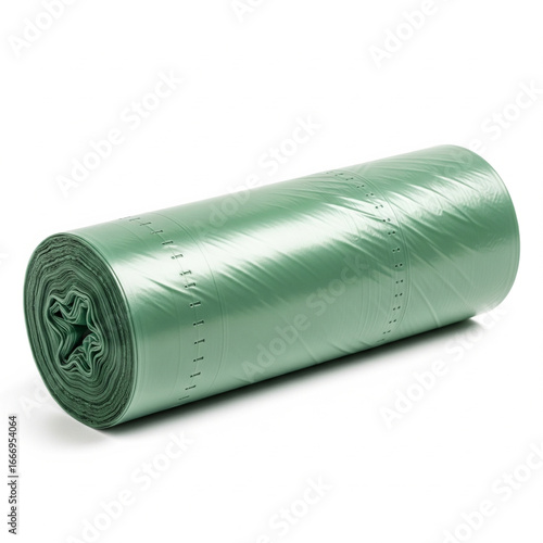 Roll of green biodegradable compostable trash bags on white background