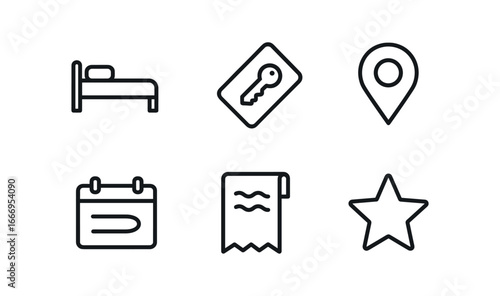 vector outline icons business travel planning (hotel reservation): bed icon keycard location pin date range receipt review star.