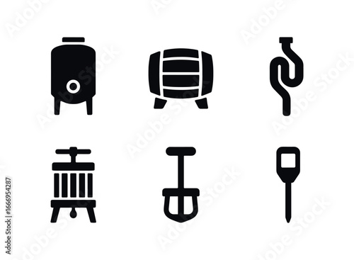 vector solid black filled icons winemaker (fermentation equipment): stainless tank oak barrel airlock valve wine press cap punch tool temperature probe.