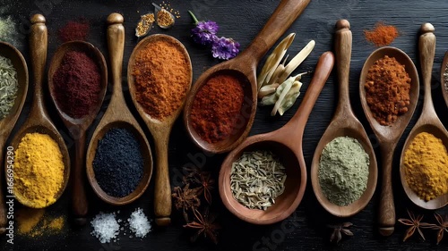Colorful Spices in Wooden Spoons