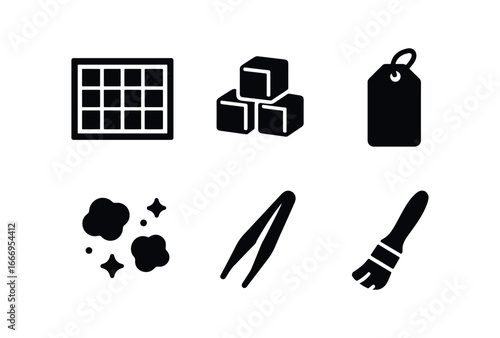 vector solid black filled icons letterpress printer (type case): wooden compartments letter blocks labels dust tweezers brush.